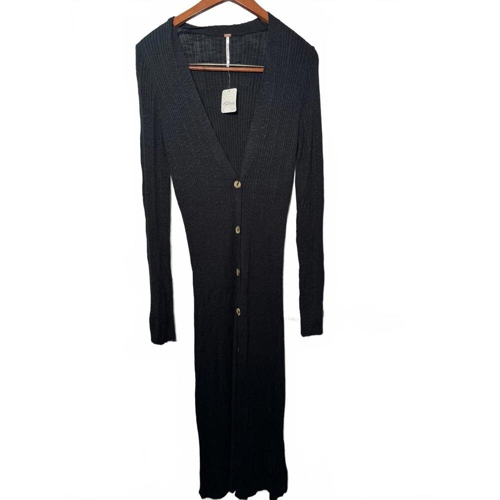 Free People Cardigan Sz Large Black Long Sleeve Date night Duster Button Front - Picture 9 of 9